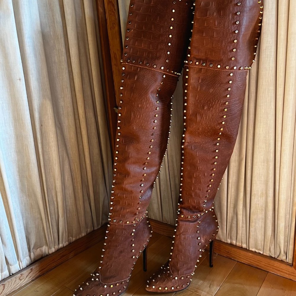 JENNIFER le Thigh High Boots Studden Leather Suede Designer Stilletto Heels - Picture 2 of 9
